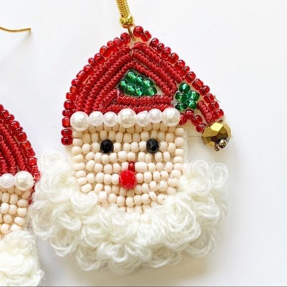 Boho Seed Beaded Big Beard Christmas Santa Claus Earrings - Picture 2 of 9